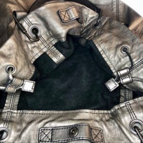 Burberry Dark Nickel Metallic Leather Drawstring Tote with Metal Accents - Picture 7 of 16